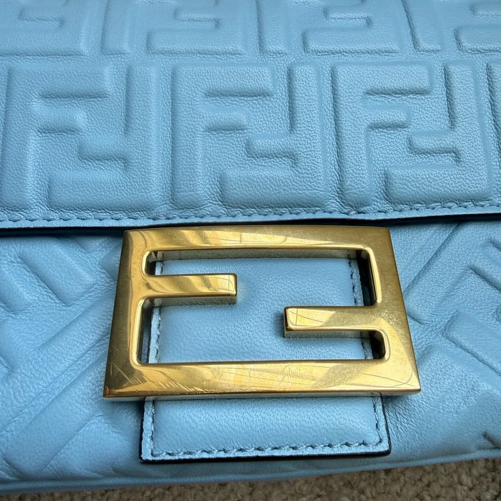 Fendi Light Blue Lambskin Zucca Baguette Gold Chain with Gold Hardware Full Set - Picture 4 of 16